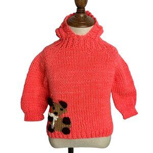 Vintage Handmade Knit Hooded Sweater 9-12 m Infant Pink Full Zip Back Teddy Bear